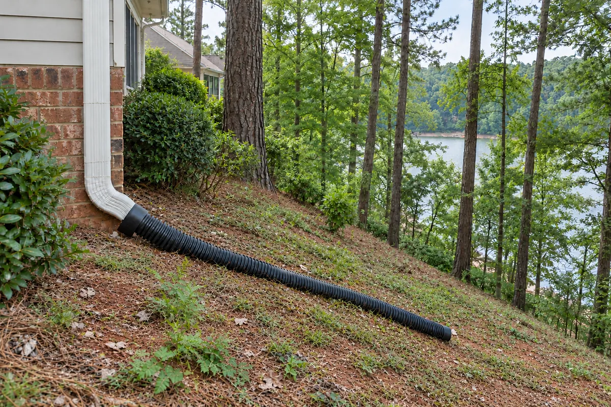 Downspout draining into a pipe that runs down a sloped, pine-straw-covered yard toward the trees