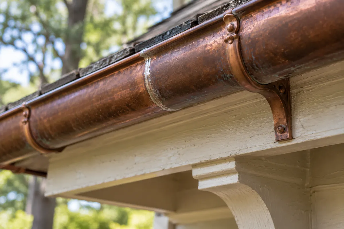 Soldered seam on a half-round copper gutter weathered to deep brown, with a decorative copper hanger
