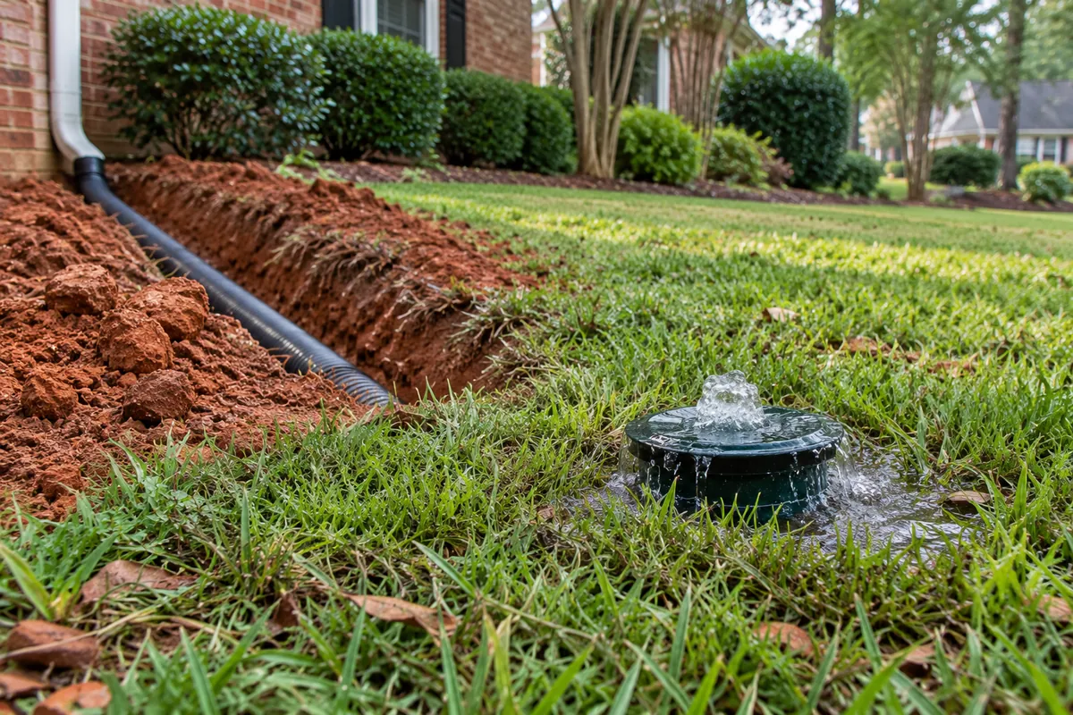 Pop-up drain emitter in a lawn at the end of an underground downspout line, beside red clay in a trench