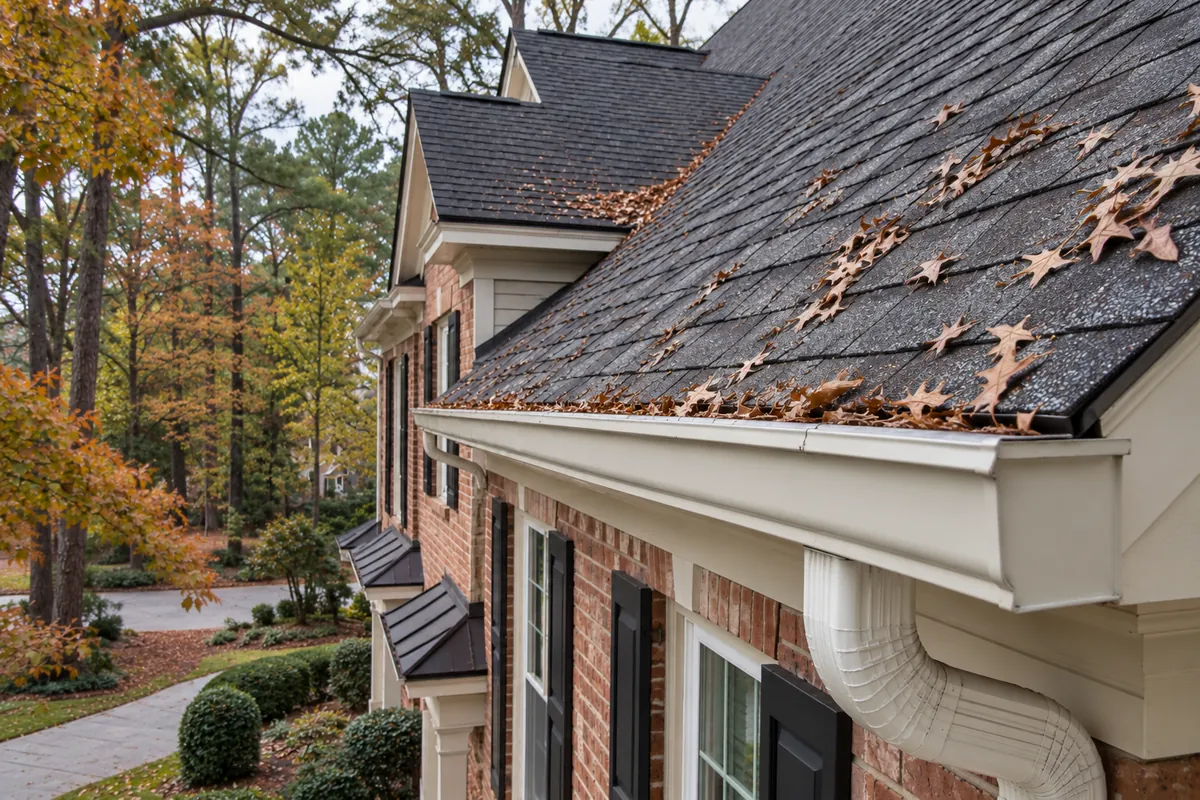 Large steep roof plane on a two-story home draining into a wide 6-inch gutter with an oversized downspout
