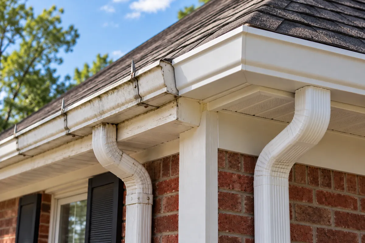 Older thin sectional gutter with spike fasteners next to a new seamless gutter with hidden hangers
