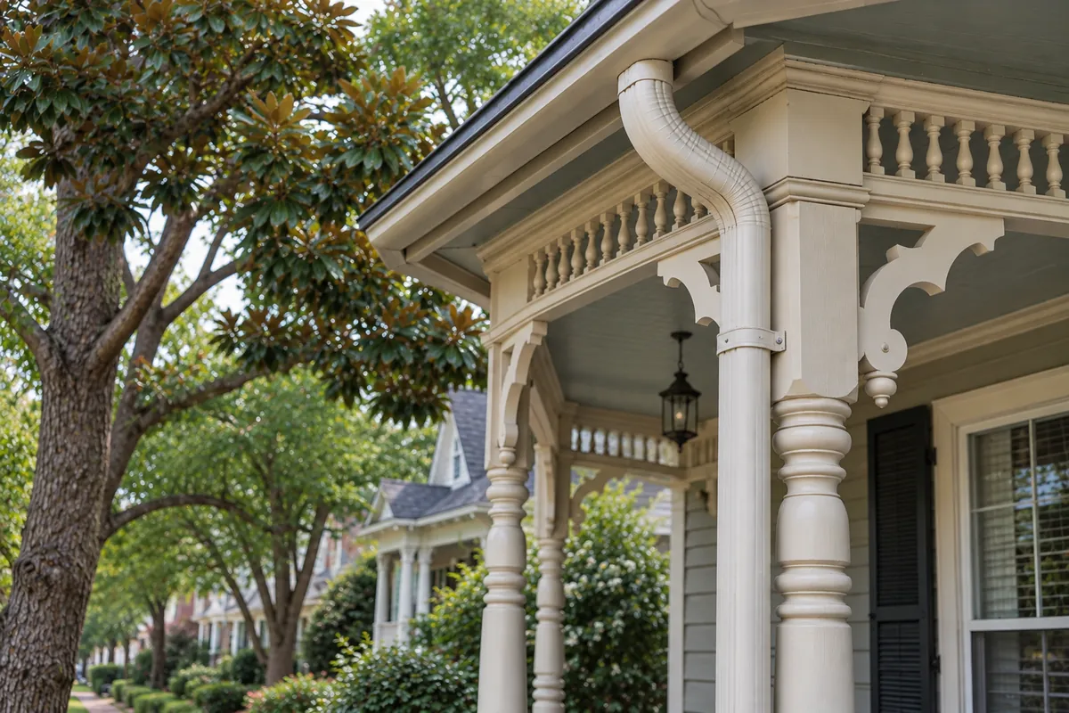 Ornate Queen Anne porch corner with a painted bracket and a round downspout strapped to a turned post