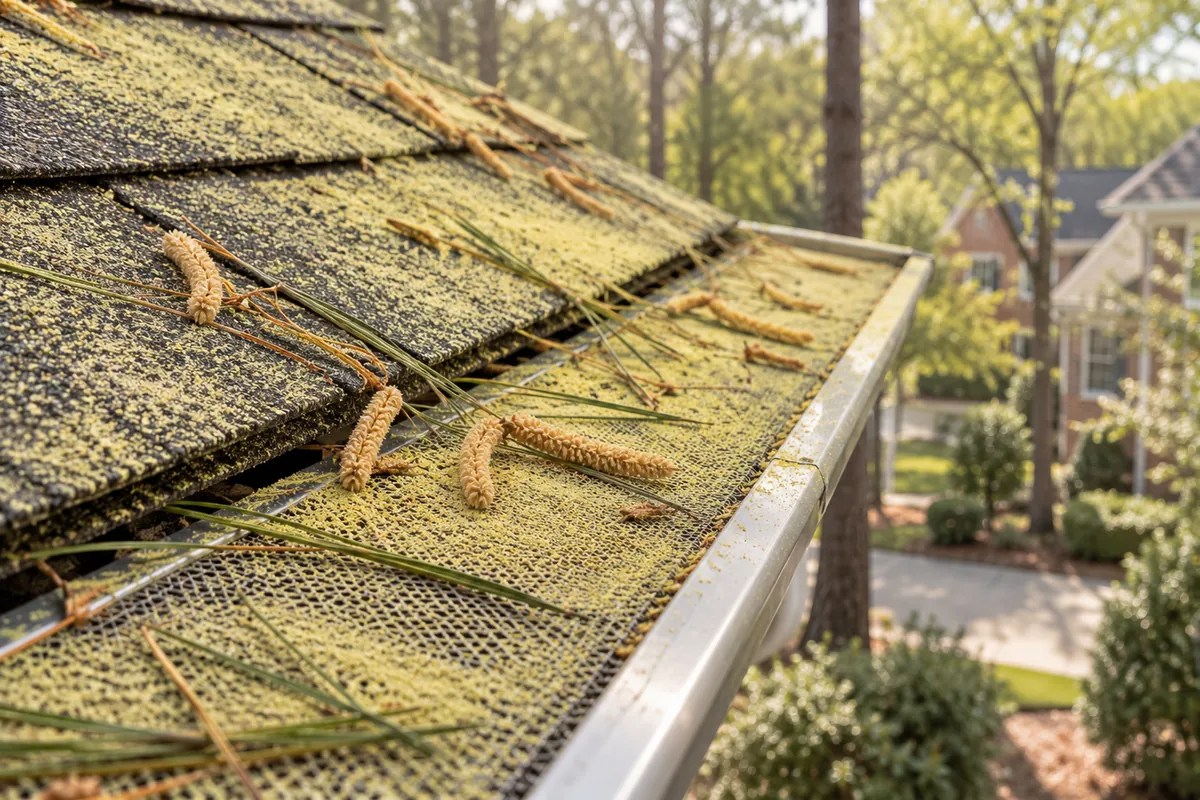 Yellow-green pine pollen coating a gutter guard and roof shingles in early spring