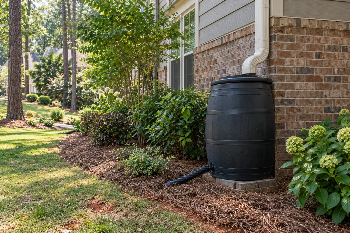 Dark rain barrel connected to a downspout beside a two-story home, overflow hose into a mulched bed