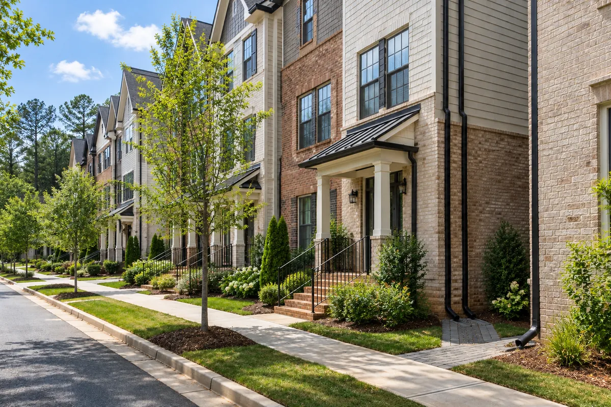 Row of new three-story infill townhomes with narrow side yards and downspouts draining to a paved swale